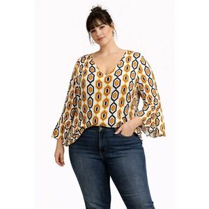Ashley Stewart Geometric Print V-Neck Blouse Women's Plus Size‎ 14/16